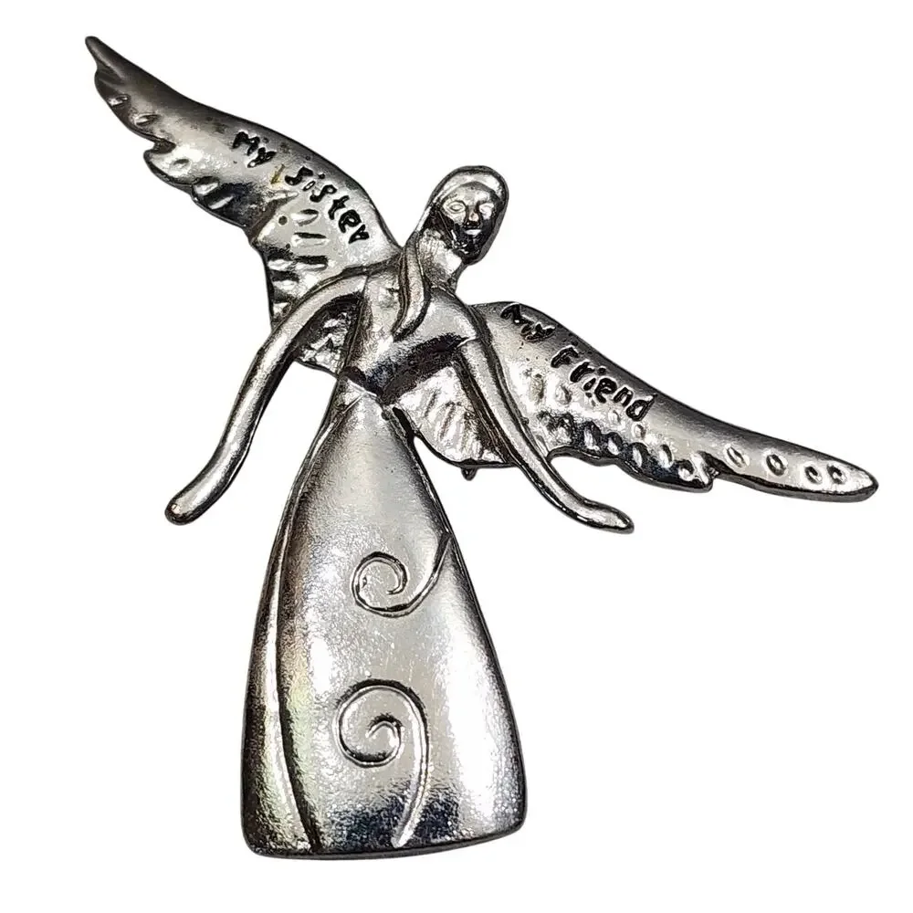 'My Sister My Friend' Inscription Angle In Flight Brooch Pin Vintage Silver Tone